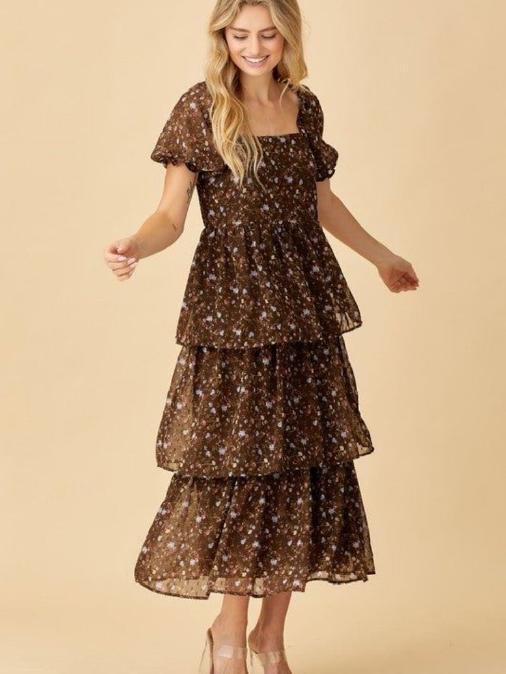 NWT Bohme Brown Ditsy Floral Puff Sleeves Lined Tiered Midi Dress XL
